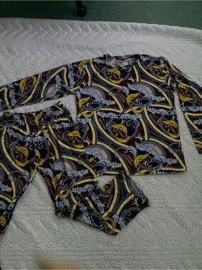 Printed Long Sleeve Pajama Set in Brown & Yellow